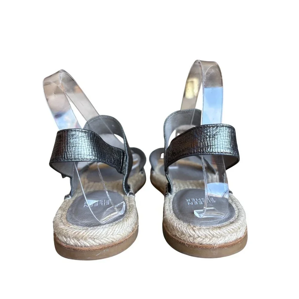 Eileen Fisher Max Metallic Leather Bronze‎ Size 8.5 Espadrille Sandal Adj Strap